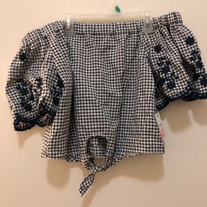 Black and white off the shoulder gingham blouse